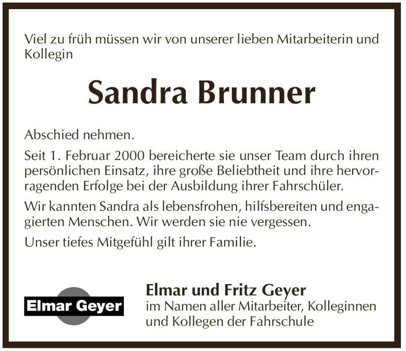  Traueranzeige für Sandra Brunner vom 06.01.2012 aus Pegnitz-Zeitung